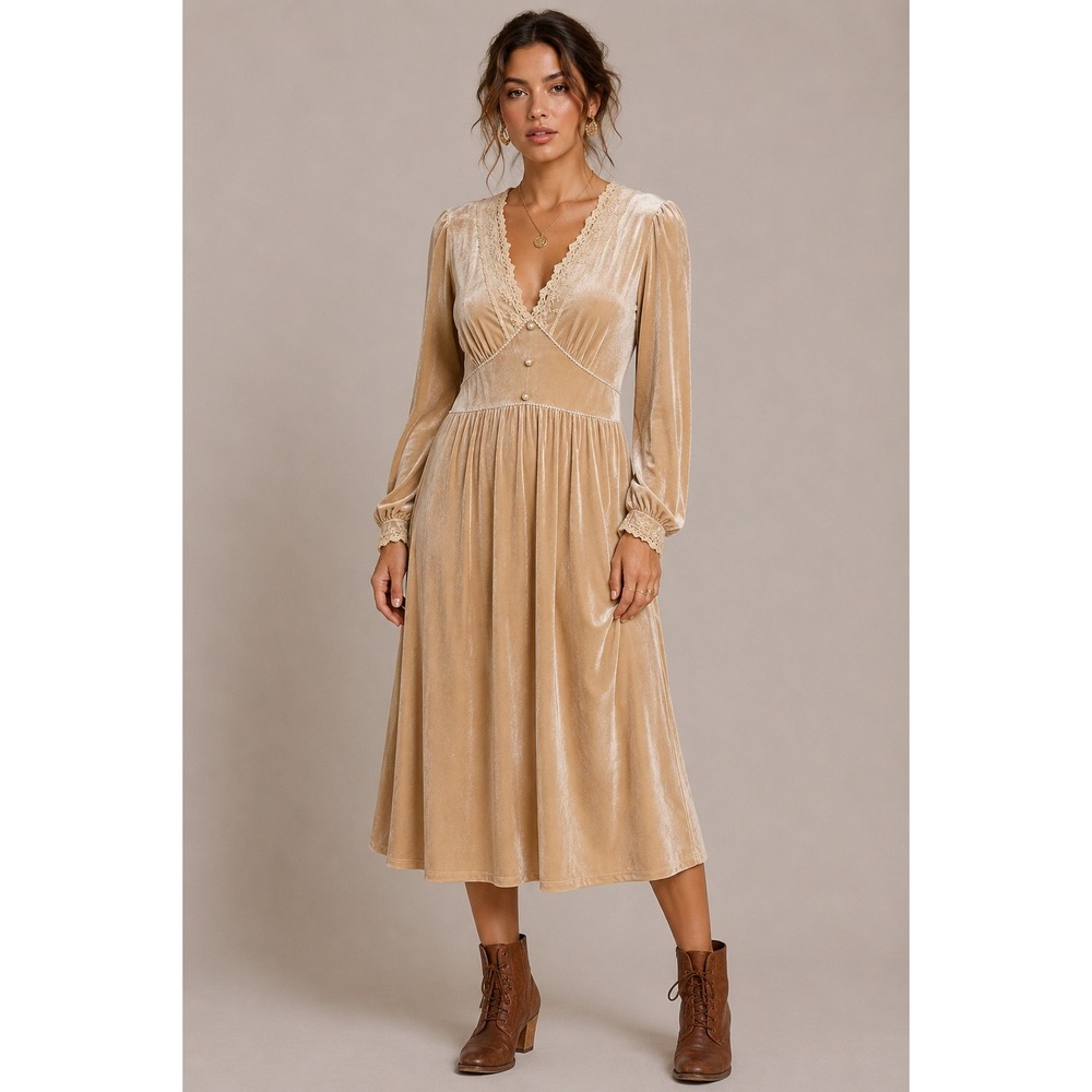 Velvet Lace Midi Dress Cottagecore Prairie Romantic Cream Velvet Small